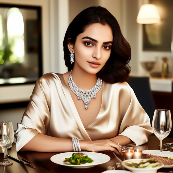 生活瞬间，美女，韩系美女，丝绸，美妆广告，家庭餐桌，4K超清，写实风格，温馨，柔和室内光，细腻皮肤，项链，耳环，手链。