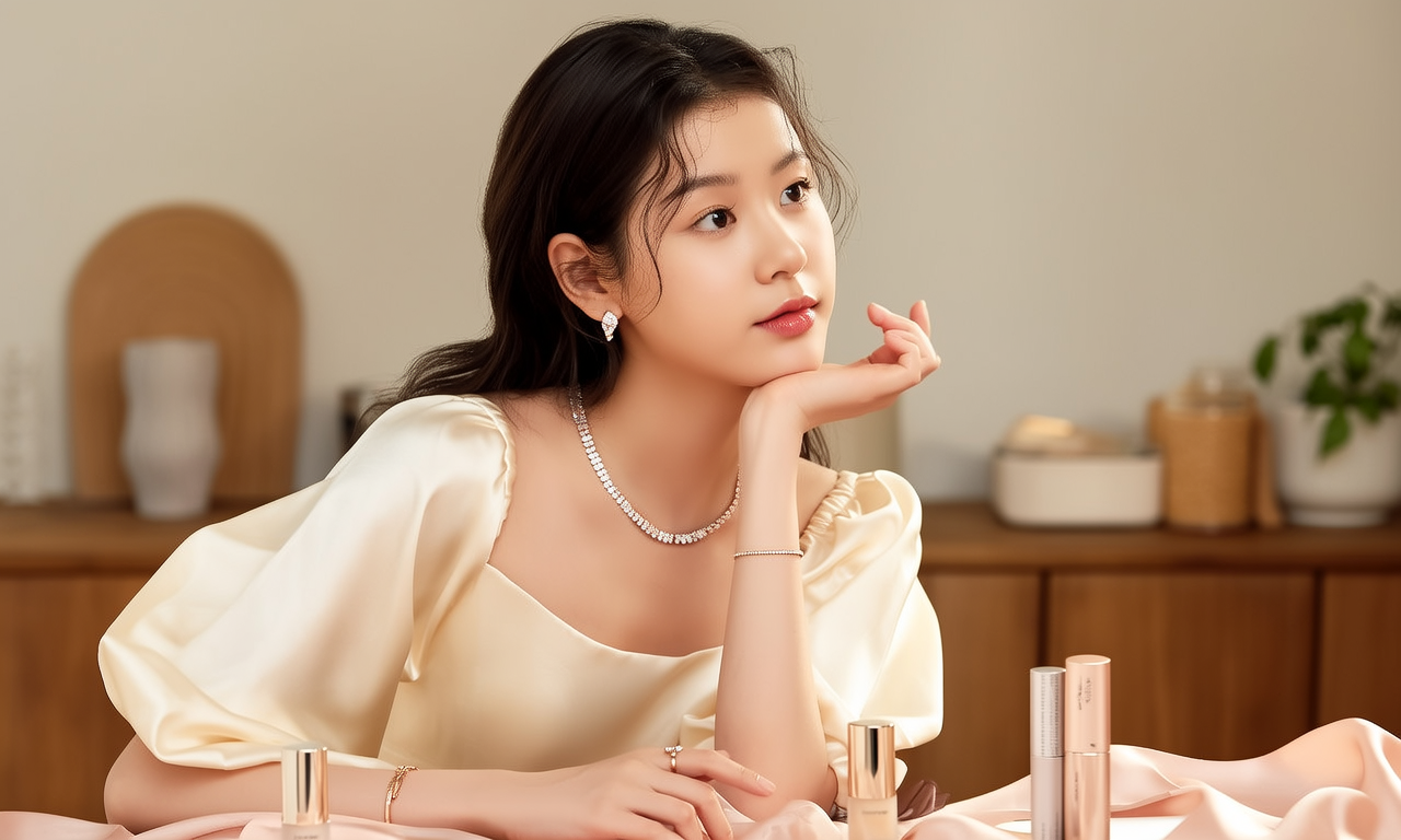 生活瞬间，美女，韩系美女，丝绸，美妆广告，家庭餐桌，4K超清，写实风格，温馨，柔和室内光，细腻皮肤，项链，耳环，手链。