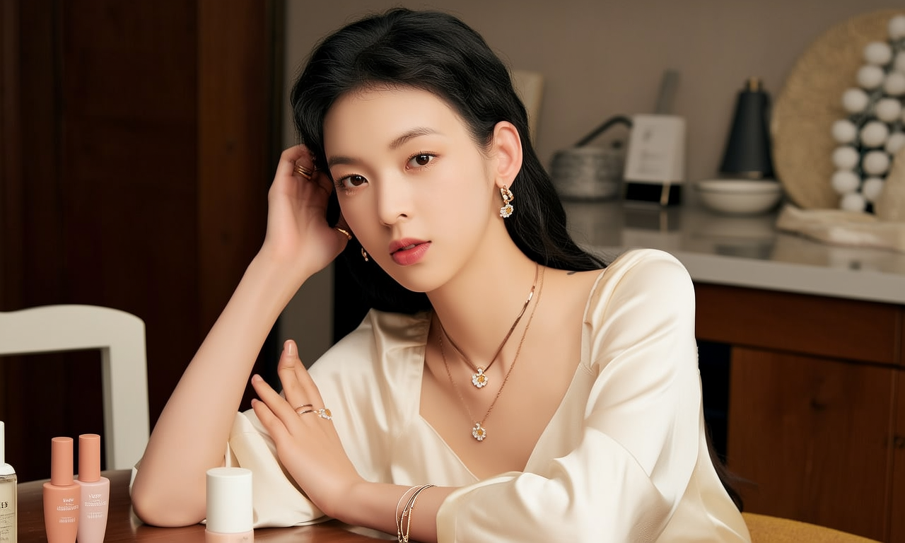 生活瞬间，美女，韩系美女，丝绸，美妆广告，家庭餐桌，4K超清，写实风格，温馨，柔和室内光，细腻皮肤，项链，耳环，手链。