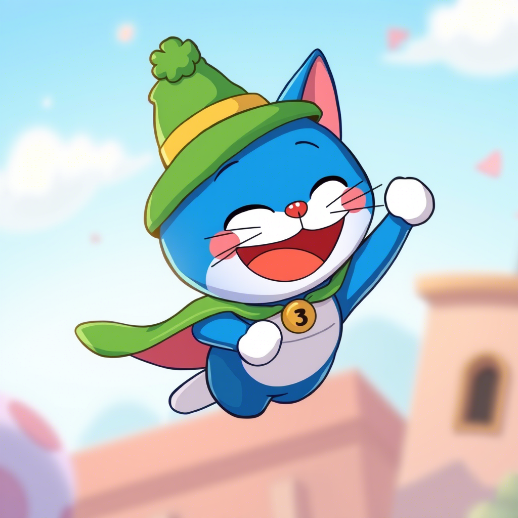 蓝色猫咪，长得像瘦子版的多啦A梦，带个绿帽子，穿个披风，在飞